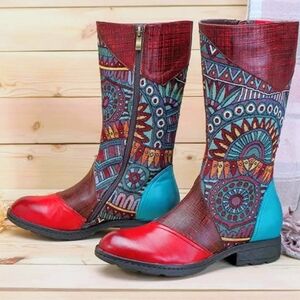 Bohemian Funky Red & Teal Healed Boots With Tribal Patterned Fabric